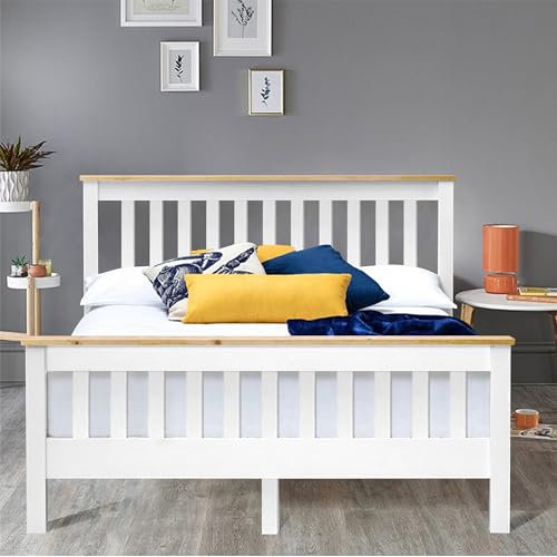5ft King Size Bed Frame, Solid Pine Wood Slatted Base Day Bed For Adults Teenagers Bedroom Furniture, Modern Style Bed Frame With Headboard And Footboard, King Size Bed Frames (White + Pine)