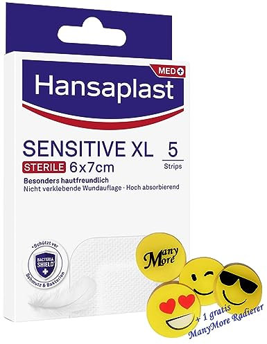 Hansa-plast Sensitive XL - 5 Pflaster Strips in Größe 6 x 7 cm - Wundverband mit gutem Halt, aber sanft wieder zu entfernen +gratis ManyMore Radierer