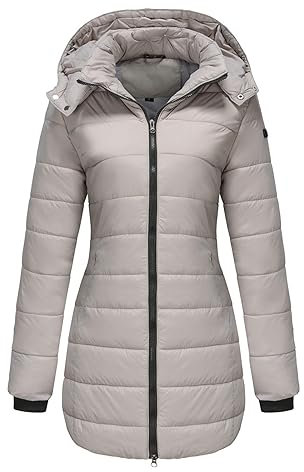 Daunenjacke für Damen Langarm Winterjacke Steppjacke Langes Übergangsmantel Daunen Jacke Mantel Gesteppte Pufferjacke Frauen Winetrmantel Freizeitjacke Baumwolljacke Grau L