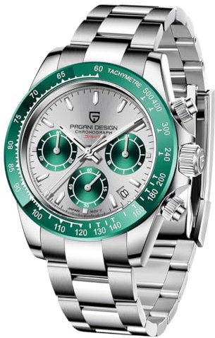 Pagani Design Herren Quarzuhr mit einfachem Chronographencode, wasserdicht, Keramik und Edelstahl(Grün G)