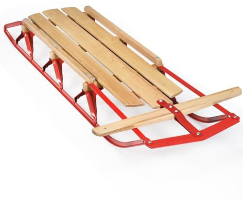 COSTWAY Luge en Bois et Acier à Patins avec Barre de Direction, Traîneau en Bois pour la Neige Charge 150KG, Adaptées aux Adultes et Enfants de 5 Ans+, 137 x 58 x 16 cm