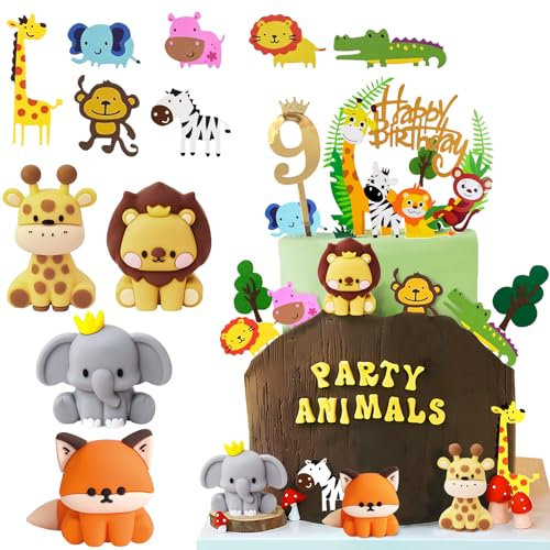 Tortendeko Tiere 9 Jahre, Dschungel Kuchendeko 9. Geburtstag Junge, Safari Waldtiere Giraffe Löwen Fuchs Elefant Figuren Torte Kuchen Deko Cake Topper, Geburtstagsdeko für Kinder Junge