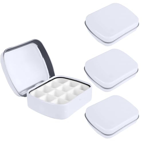Modixun Lot de 4 mini palettes d'aquarelle avec couvercle, boîte en métal à 12 emplacements vides pour peinture (blanc)