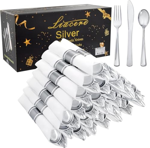 Liacere 100 Pack Silver Plastic Silverware-Pre Wrapped cutlery and Napkin-Pre Rolled Silverware Disposable 100 Forks, 100 Knives 100 Spoons, 100 Napkins Plastic Utensils&Wedding