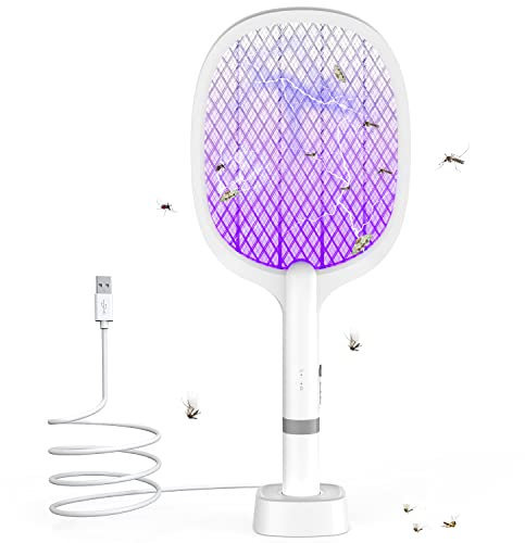 Raqueta Matamoscas Electrica, 2 en 1 5000V Raqueta Mosquitos Eléctrico con Base Recargable, 2 Modos, Protección de Malla de Tres Capas, para Uso en Interiores y al Aire Libre