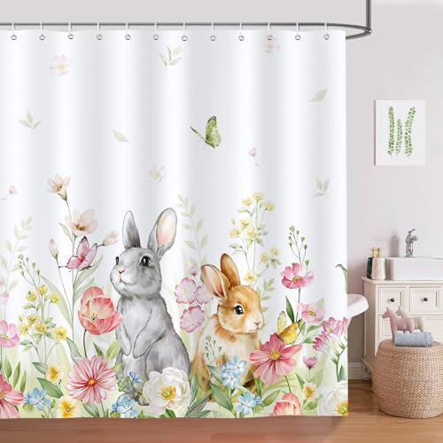 Bonhause Rideau de Douche Printemps Floral Pâques Lapin - Tissu Polyester Anti Moisissure Imperméable Lavable pour Salle de Bain - 180 x 180 cm avec 12 Crochets pour Baignoire