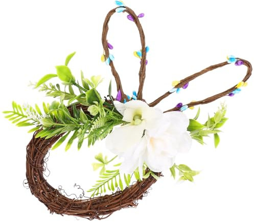 Zerodeko Osterhasen-Kranz Osterhasen-Kaninchen-Schild Tierkaninchen Hasenform Rattan-Kranz-Anhänger -Holzschild Zum Aufhängen Osterhasen-Willkommenskränze Für Die Haustür