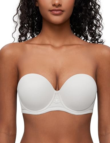 Deyllo Women's Strapless Bra Padded Cup Push Up Plus Size Full Coverage Underwire Support(White,38H)
