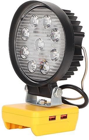Tragbare LED-Arbeitsleuchte für 18-V-20-V-Lithiumbatterien, 27 W, Zweistufig Verstellbare Runde LED-Arbeitsleuchte, LED-Flutlicht mit 2 USB-Anschlüssen und Griff
