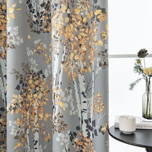 WONGS BEDDING Vorhang Blickdicht Grau Gardinen mit Ösen Blätter Muster 2 Stück 140 x 225 cm (BxH) Vorhänge Schöne Elegante Verdunklungsvorhänge für Deko Wohnzimmer Schlafzimmer
