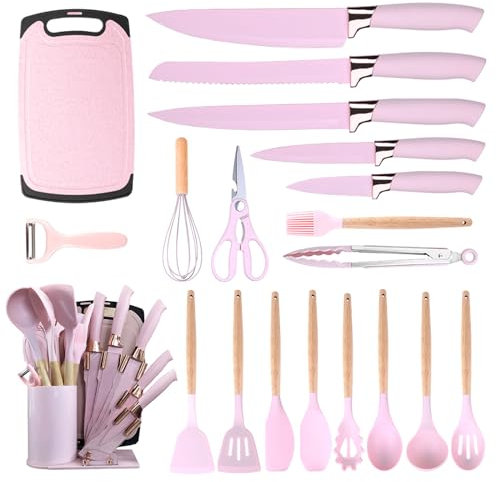 Justup Küchenhelfer Set, 20-teiliges Silikon Kochutensilien Kochbesteck Set, Hitzebeständiger Kochgeschirr mit Utensilienhalter, Rosa Küchenutensilien-Set mit Messerset und Halter (Rosa)