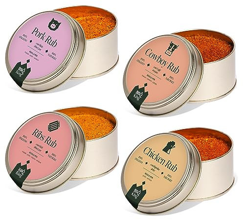 BBQ KING - Multi Pack Pitmaster Rub per Barbecue, 4 Confezioni da 70 Gr di Dry Rub Bbq, Miscela di Spezie 100% Made in Italy, 1 x Chicken Rub, 1 x Pork Rub, 1 x Ribs Rub e 1 x Cowboy Rub