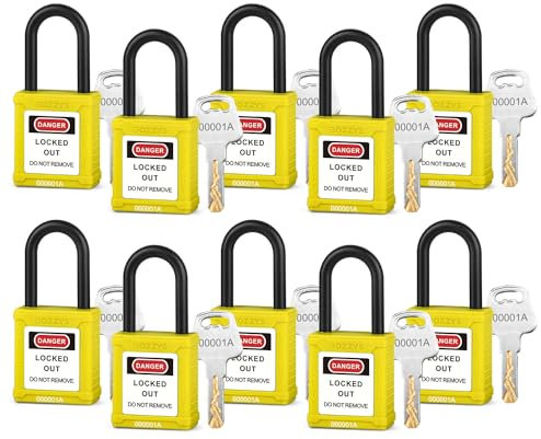 Set di 10 lucchetti di sicurezza per isolamento elettrico, giallo, in nylon, cilindro in lega di zinco, con chiave uguale, 1 chiave per blocco, per contro scosse elettriche (BD-G12KA-10PCS)