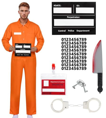 HarnyLoom Gefangener Kostüm Herren Orange Häftling Prisoner Kostüm Sträfling Jumpsuit Knast Damen Verbrecher Overall Gefangene Räuber Cosplay Karneval