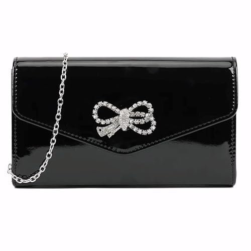 Patent Leather Diamante Bow Style Bridal Prom Wedding Evening Clutch Party Purse Hand Bag (Black)