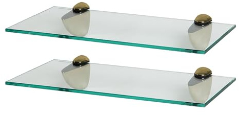Harbour Housewares Floating Glass Bathroom Shelves - 40cm - Clear/Gold - 2x Wall-Mounted Kitchen Bedroom Shower Room Décor Caddy Towel Storage Organiser Shelving Rack with Brackets