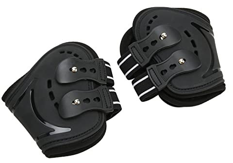 Akozon Gamaschen für die Hinterbeine des Pferdes, Atmungsaktiv, Stoßfest, Verstellbar, Verhindern EIN Verrutschen, Leichter Fesselschutz für Pferde, Schwarz, L (M (59 cm lang))