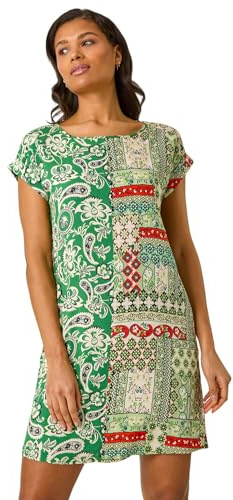 Roman Originals Paisley Print Smocked T-Shirt Dress for Women UK - Ladies Everyday Holiday Spring Summer Round Neckline Comfy Soft Evening Vacation Work Party - Green - Size 10
