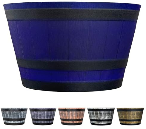 SG Traders Large Half Barrel Cask Planter, Flower Pots Outdoor Garden Planters, Indoor Plant Pot with Drainage Holes, Plastic, Tan with Black Straps, 40 x 24cm