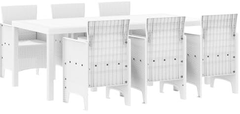vidaXL 7-teilige Garten Essgruppe für 6 Personen in Weiß | Außentisch mit Kissen Stilvolles modernes Möbel für Balkon oder Terrasse wetterbeständig Poly Rattan