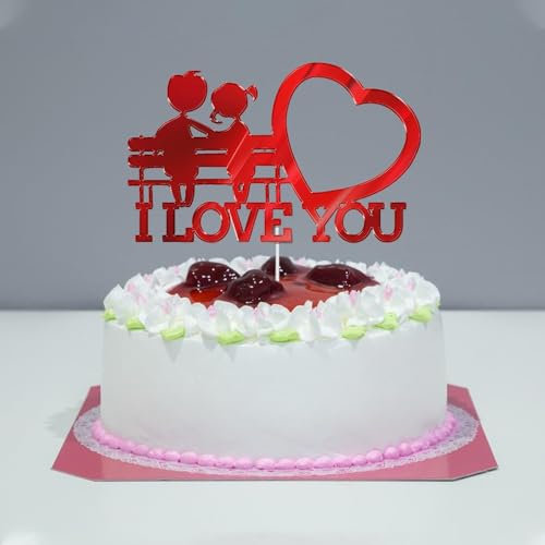 I Love You Cake Topper, Acrylic, Decoration Picks for Valentine'S Day, Marriage Proposal, Anniversary, Bride Groom Wedding Party Decoration (Red)