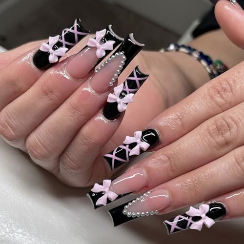Black Press On Nails with Pink Bow & Lace-Up Design – 24PCS Long Coffin French Tips, Glossy Full Cover Acrylic Fake Nails for Women