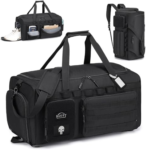 BAGZY Arbeitstasche Herren 55L Taktische Reisetasche Sporttasche mit Rucksackfunktion Einsatztasche Polizei Trainingstasche mit Schuhfach Nassfach Groß Rucksack für Gym Fitness Weekender Schwarz