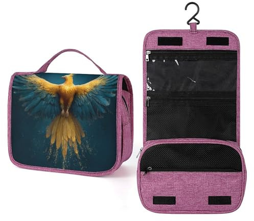 Majestic Phoenix Kulturbeutel für Damen mit Shampoohaken und Gelben goldenen Federn
