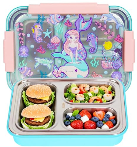 PinkSheep Edelstahl Lunchbox 710 ml mit 3 Fächern für Kinder - Meerjungfrau | Personalisiert, BPA-frei, Auslaufsicher, Bento Box, Für Schule & Picknick