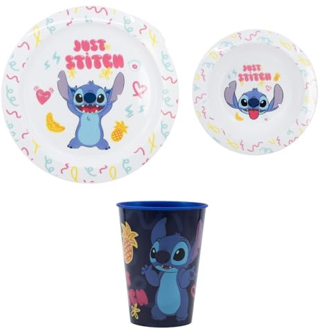 Disney Stitch Kinder Geschirr-Set 3-teilig – Teller, Schüssel & Becher – Just Stitch Motiv – Frühstücksset für Kinder – für Kindergarten, Kita & Zuhause
