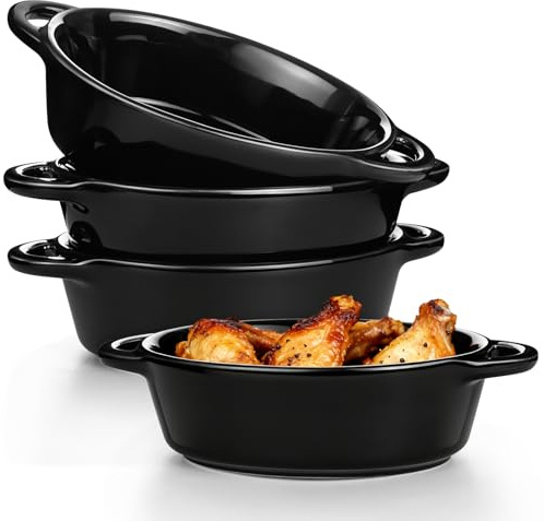 Ceramic Oval Baking Dishes, Small Individual Oven Dishes for Pie, Lasagne | 4 Pack Serving Bowls with Lids for for Casserole, Cooking, Baking, and Roasting - Microwave & Dishwasher Safe(Black)