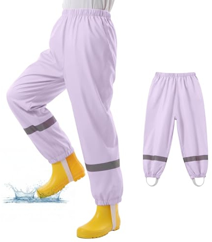 WUDEUI Waterproof Trousers Kids, Lightweight Rain Overtrousers for Boys Girls, Mud Proof Rainy Pants with Reflective Strip for Toddler Children Age 3-10 Years School Outdoor Play Purple