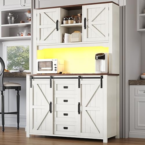 Qsddk Küchenschrank mit Arbeitsplatte und LED-Beleuchtung, Weiß
