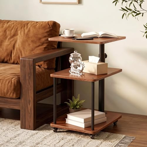 Bingyouth Beistelltisch auf Rollen mit Bremse, höhenverstellbar & 360° drehbar - Beistelltisch Couch/Side Table mit 3 Ablagen, stabilem Rohr, Massivholz-Tischplatten Flach