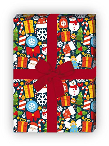 Kartenkaufrausch Kunterbunte Weihnachts Geschenkpapier Set 4 Bogen, Dekorpapier mit Schneemann, Engel und Weihnachtsmann für tolle Geschenkverpackung, Musterpapier zum basteln 32 x 48cm