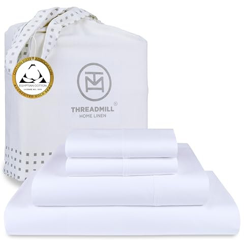 Threadmill Home Linen - Juego de Ropa de Cama en satén de 400 Hilos, 100% algodón, Juego de Ropa de Cama de 4 Piezas, sábanas Lisas, Tejido en satén, tamaño Grande, Color Blanco