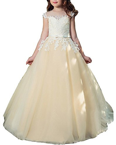 Beyonddress Mädchen Hochzeit Blumenmädchenkleider Hochzeits Bodenlanges Kinderkleid Kommunionkleid Spitze Ballkleid Partyskleid(Champagne,10-11 Jahre)