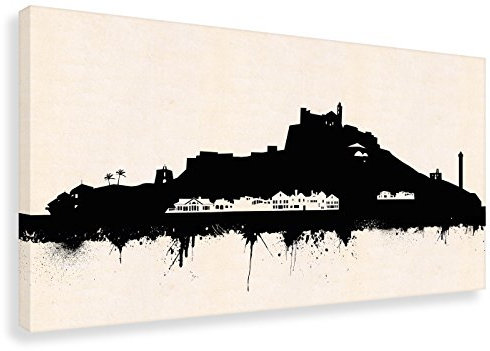 Kunstbruder Ibiza Stadt Skyline - Wandbild - SW (div. Größen) 3D 4cm - Kunst Druck auf Leinwand 50x100cm