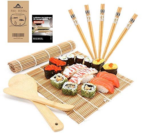 MUDEELA Sushi Set, Bambus Sushi Matte, Maker für Anfänger, karbonisierte Rollmatte, 2 Rollmatten - 5 Paar Essstäbchen - 1 Reisstreuer - 1 Paddel - 1 Anfängerleitfaden (.PDF-Datei)
