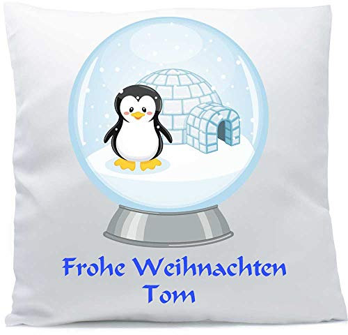 Weihnachten Kissen mit Namen Schneekugel Pinguin Iglu 40x40 cm inkl. Füllung Deko blau rot hellblau rosa beere struktur flauschig glänzend (Vorderseite weiß/Rückseite rot)