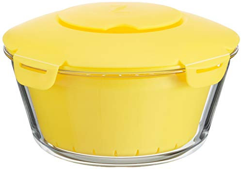 Pasabahce 4995808 Cuiseur à riz micro-ondes Zest en verre avec panier en plastique et couvercle en matériau antidérapant, jaune, 2,2 l