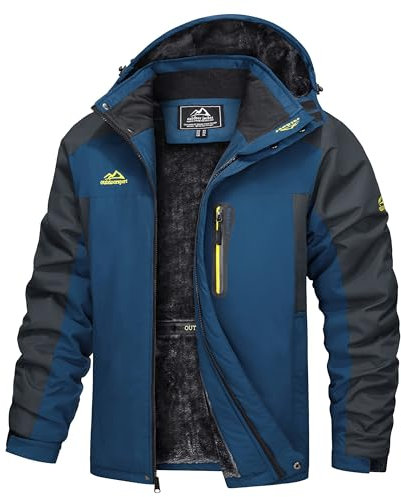 TACVASEN Herren Warme Skijacke Gefütterte Winterjacke Wasserabweisende mit Abnehmbarer Kapuzen (L, Denim Blau)