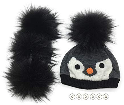 Furryvalley Pompon Kunstfell 4 Stück Stricksets Handarbeiten DIY Handwerk Bommel für Strickmütze Schals mit Druckknopf abnehmbar Häkeln Stricken Verzierungen Zubehör 16cm Extra Groß (Schwarz)