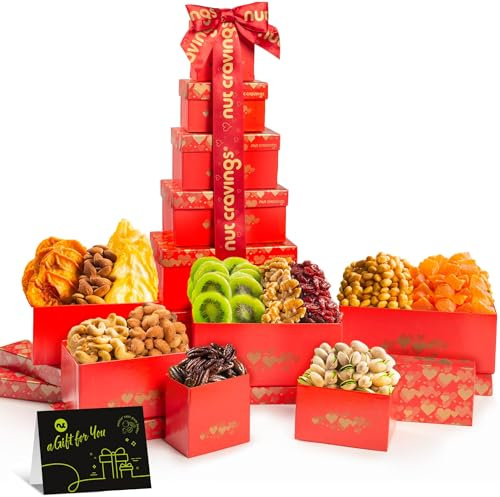 NUT CRAVINGS - Cesto regalo di San Valentino con frutta secca e noci miste, torre rossa + nastro a cuore (12 assortimenti) Tu Bishvat Treats per adulti, disposizione alimentare, pacchetto per la cura