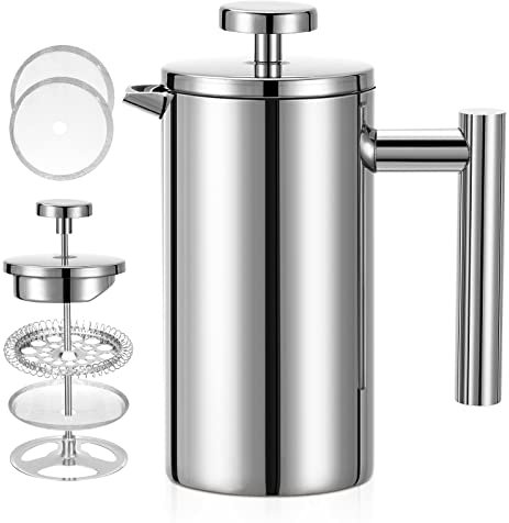 Meelio Kaffeebereiter aus Edelstahl, 1500 ml, doppelwandig, isoliert, große französische Kaffeepresse für Reisen, Camping, großes Fassungsvermögen, Silberfarben