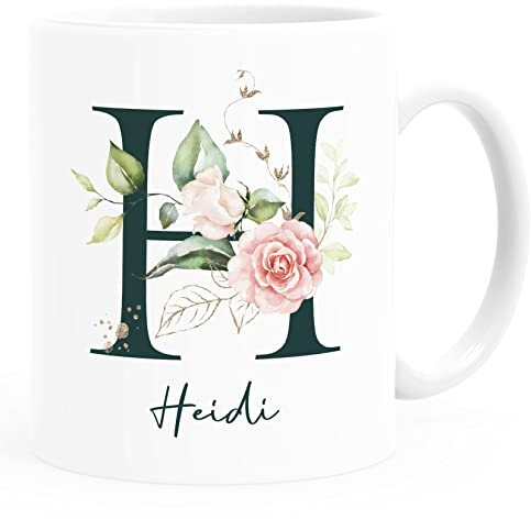 SpecialMe® Kaffee-Tasse mit Buchstabe Initiale Monogramm personalisiert mit Namen Rosen-Motiv persönliche Geschenke weiß Keramik-Tasse