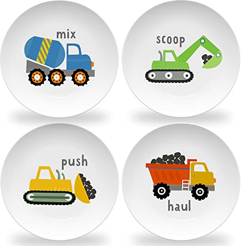 Tiny Expressions - Construction Plates for Toddlers - Set of 4 Melamine Plates for Kids - Excavator, Cement Mixer, Bulldozer, and Dump Truck - Fun Plastic Dinnerware for Kids