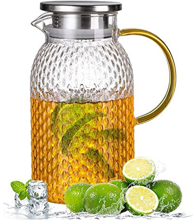 Jarra Cristal con Tapa, Jarra de Agua de Vidrio, Jarra de Agua con Tapa, Jarra Agua Con Tapa de Acero Inoxidable, Jarra de 1,8 Litros, Seguro y No Tóxico, para Agua, Té Helado, Jugo, Leche