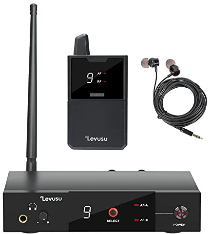 Levusu UHF - Sistema di monitoraggio in-ear wireless con auricolare, 45,7 m, montaggio su rack, trasmettitore stereo IEM professionale e cintura per studio, chitarra, prove di banda, performance dal