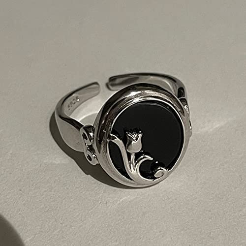 HCMA 925 Silber Französisch Schwarzer Achat Oval Rose Ringe für Frauen Retro Onyx Blume Offener Ring Weibliche Schmuck Geschenke